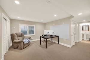 Basement Family room with carpet floors, baseboards, recessed lighting, and visible vents