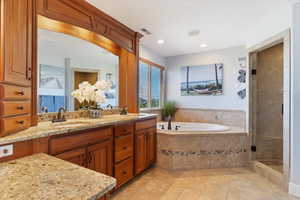 Full bath with tile patterned flooring, visible vents, a sink, and a garden tub