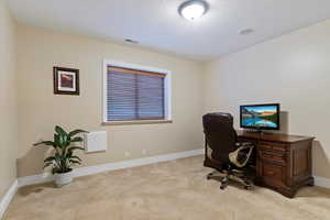 Office area with a textured ceiling, baseboards, and light colored carpet