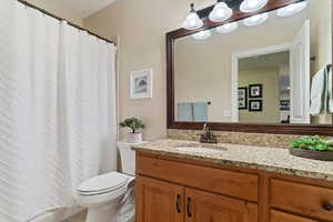 Bathroom featuring vanity, curtained shower, and toilet