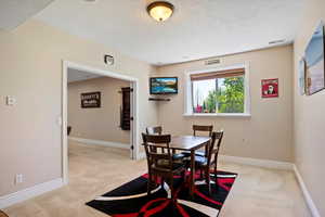 Dining area featuring baseboards, light carpet, a textured ceiling, and visible vents