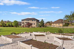 View of yard with fence, a vegetable garden, and a residential view