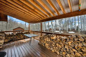 Wooden deck with an outdoor structure