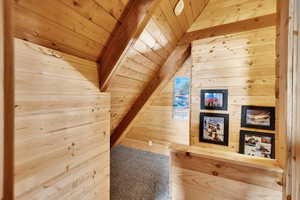 Additional living space featuring wooden walls, wood ceiling, and carpet