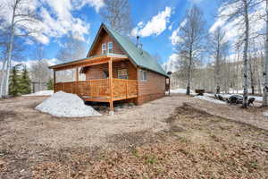 Exterior space featuring faux log siding and metal roof