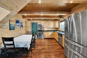 Kitchen with dark countertops, light brown cabinetry, a sink, wooden ceiling, and stainless steel appliances