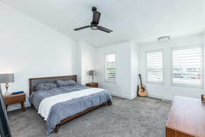 Master Bedroom featuring a ceiling fan, baseboards, vaulted ceiling, and carpet floors