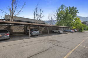 Covered parking lot with a mountain view