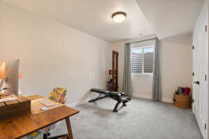 Bedroom featuring light carpet flooring and two-tone paint