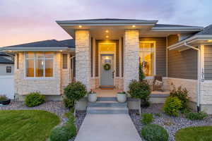 Prairie-style house with a professionally landscaped front yard, covered porch, exterior lighting, mixed finishes of cement-fiber siding and light colored stone