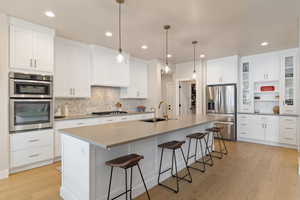 Kitchen featuring white cabinets, stainless steel appliances, decorative backsplash, island with sink, quartz countertops, and pendant lighting