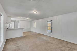 Unfurnished living room with carpet flooring, a textured ceiling, and lofted ceiling