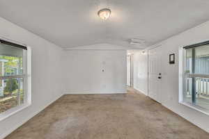 Carpeted spare room featuring baseboards, a textured ceiling, and vaulted ceiling
