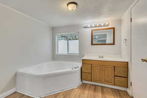 Bathroom with vanity, a textured ceiling, wood finished floors, ornamental molding, and a bath