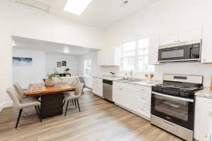 Kitchen featuring light stone countertops, stainless steel appliances, a sink, white cabinetry, and light wood-type flooring