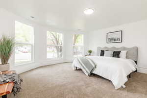 Carpeted bedroom featuring baseboards and visible vents