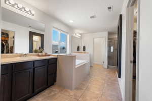 Bathroom with vanity, a shower stall, a garden tub, and visible vents