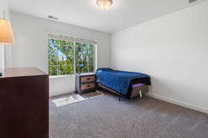 Carpeted bedroom featuring baseboards and visible vents