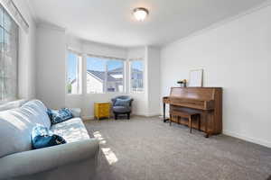 Living area with carpet floors, baseboards, and ornamental molding