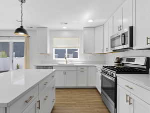 Kitchen featuring visible vents, light wood-type flooring, white cabinetry, a sink, and appliances with stainless steel finishes