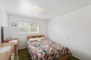 Bedroom featuring baseboards and dark colored carpet