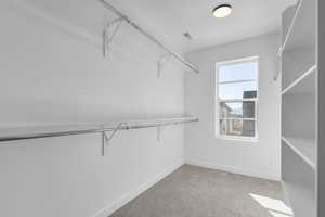 Walk in closet with light colored carpet and visible vents