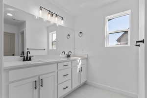 Full bath with baseboards, a sink, double vanity, and visible vents