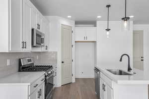 Kitchen with a sink, light wood finished floors, stainless steel appliances, white cabinetry, and decorative backsplash