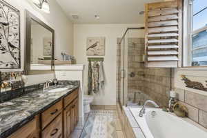 Full bath featuring vanity, toilet, a shower stall, visible vents, and a bath