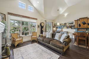 Living room featuring high vaulted ceiling, baseboards, and dark wood-style flooring
