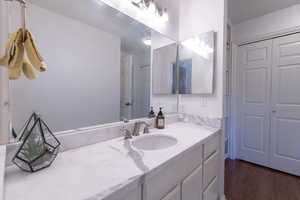 Bathroom with wood finished floors and vanity