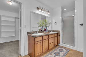 Primary bathroom featuring double vanity, a sink, walk-in closet and a stall shower