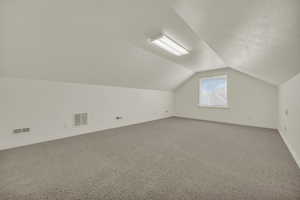 Bonus living space with visible vents, baseboards, carpet floors, and vaulted ceiling