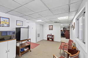 Living area featuring carpet and a paneled ceiling