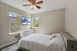 Bedroom with carpet floors, baseboards, visible vents, and multiple windows