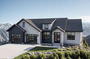 Modern inspired farmhouse featuring french doors, roof with shingles, a mountain view, concrete driveway, and an attached garage