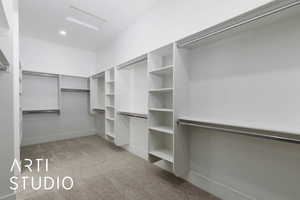 Walk in closet featuring attic access and carpet