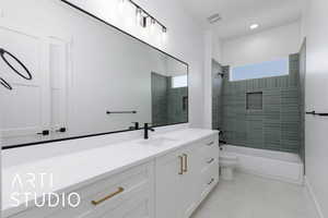 Full bathroom with toilet, tile patterned flooring, vanity, shower / bathtub combination, and recessed lighting