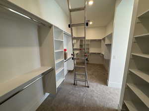 Walk in closet with dark colored carpet