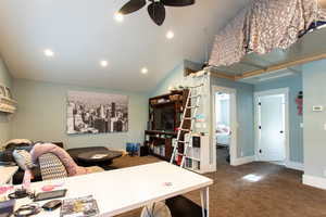 Office space featuring baseboards, ceiling fan, carpet, and recessed lighting