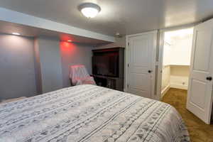 Bedroom featuring carpet flooring and a textured ceiling