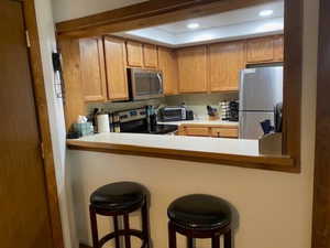 Kitchen featuring a breakfast bar, stainless steel appliances, a raised ceiling, a peninsula, and recessed lighting