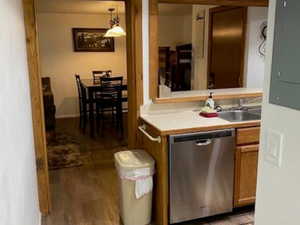 Kitchen with stainless steel dishwasher, wood finished floors, electric panel, and a sink
