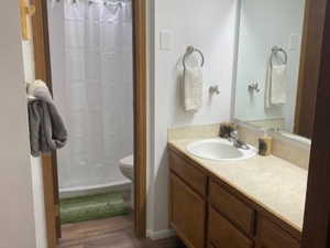 Full bath featuring a shower with curtain, toilet, baseboards, wood finished floors, and vanity