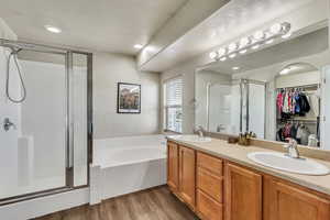 Bathroom featuring a sink, double vanity, a stall shower, and a garden tub