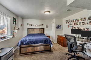 Carpeted bedroom featuring a textured ceiling, visible vents, and baseboards