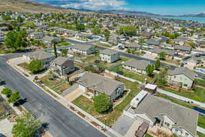 Drone / aerial view with a residential view and a mountain view
