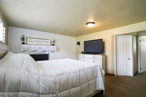 Bedroom featuring carpet and a textured ceiling