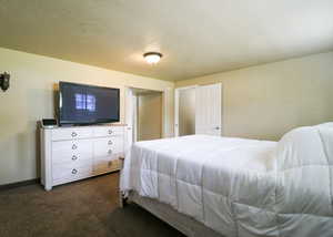 Bedroom featuring a textured ceiling, baseboards, and dark colored carpet