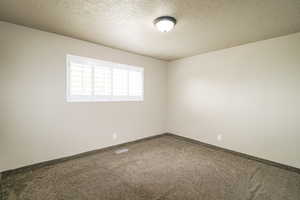 Empty room with visible vents, carpet flooring, baseboards, and a textured ceiling